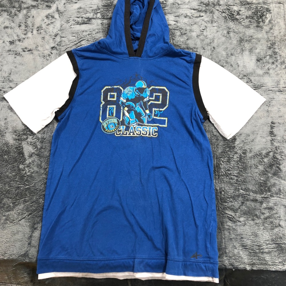 Athletech Football Graphic Hooded Shirt Kids XL 14/16 Blue White‎ Short Sleeve